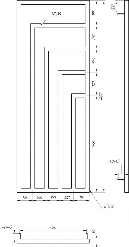 Розміри Полотенцесушитель вертикальний водяний 530x1400 Genesis-Aqua Vero Чорний 30x30 ВР 1/2 д 3901