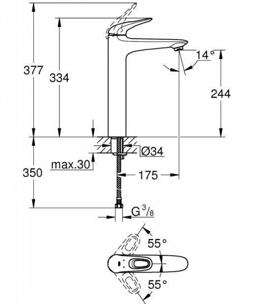 Размеры Смеситель для раковины в ванную с картриджем Grohe EUROSTYLE 23570003