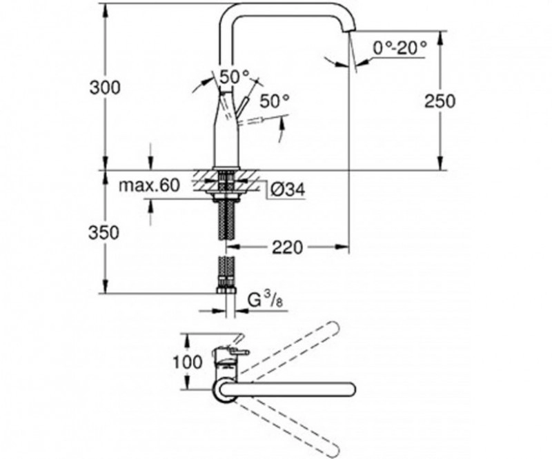 Размеры смеситель с подводкой 3/8 для кухонной раковины grohe essence хром 30269000 №2