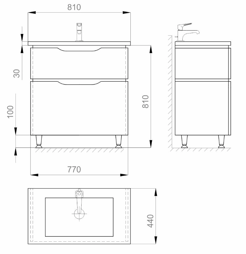 Размеры Умывальник тумба 80 см шириной Санверк Alessa Classic с раковиной IDEA MV0000875