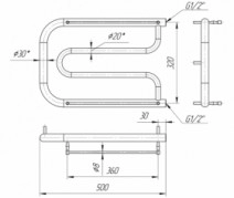 Размеры Полотенцесушитель водяной с универсальным боковым подключением 500х350 Mario Фокстрот Хром 30x20 ВР 1/2 д 4820111350209