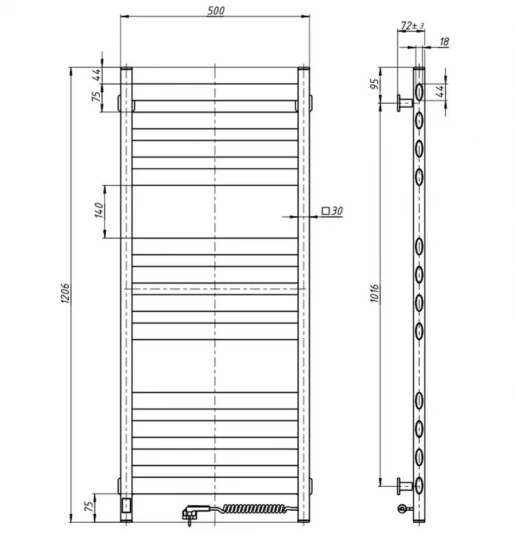 Розміри Електрична сушка для рушників драбинка 500 x 1200 мм Navin Ellipse Д30 біла права 12-845053-5012