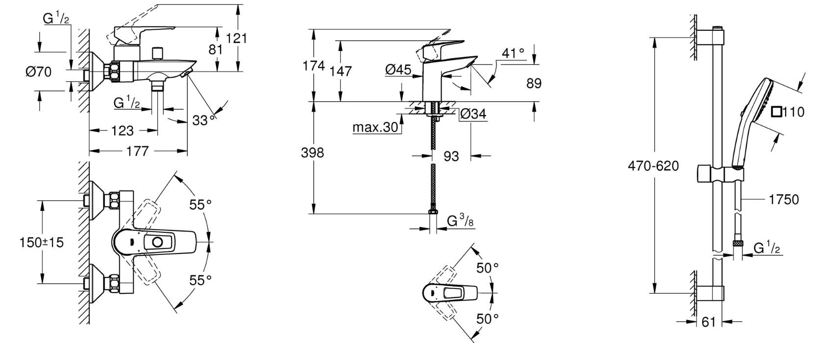 Розміри Комплект змішувачів для ванни Grohe BauLoop 3 в 1 хром 123214S