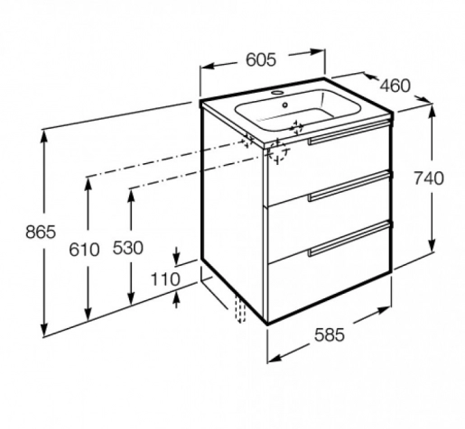 Размеры Тумба с раковиной в ванную 60 см с тремя ящиками ROCA VICTORIA-N A855839806 с умывальником VICTORIA