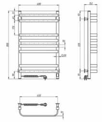 Размеры Полотенцесушитель электрический с шнуром питания и вилкой 480 х 800 мм Navin Stugna Д30 черный левый 12-249153-4880