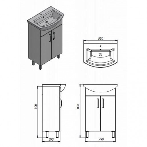 Розміри Гарнітур меблів для ванної 55 см прямокутної форми ЮВЕНТА Тренто 19423-19009-23124