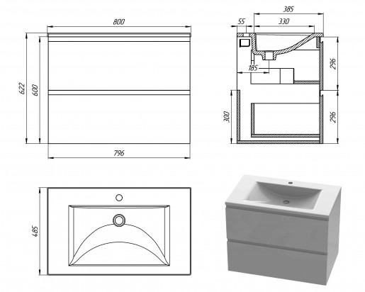 Размеры Умывальник с тумбой 80 см Snail Элегия с умывальником Орфей 800 800КМ165/800