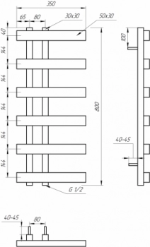 Размеры Полотенцесушитель для туалета водяной 350x800, Genesis-Aqua Magnum Light Черный, 30x50 ВР 1/2 д 20001