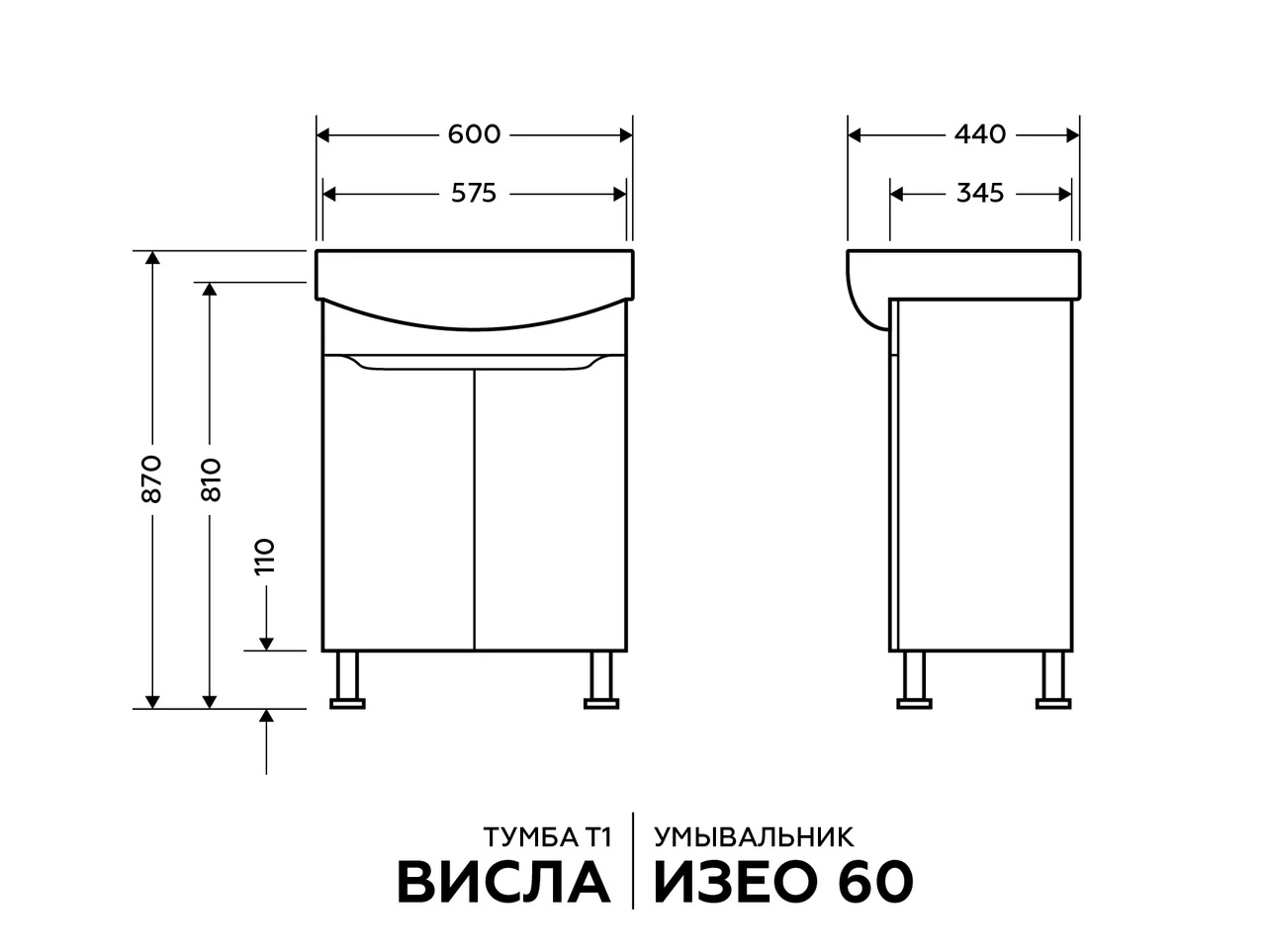 Розміри Комплект меблів у ванну з правим пеналом 60 см Квелл Вісла 22216-18965 - 33745