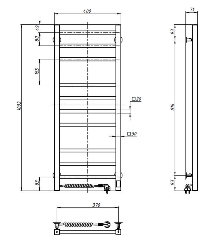 Размеры Полотенцесушитель электрический 400 х 1000 мм Navin Loft д30 хром левый 10-043153-4010