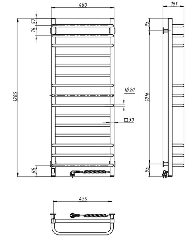 Размеры Полотенцесушитель электрический с 15 перекладинами 480 x 1200 мм Navin Грандис Д30 черный правый 12-208053-4812