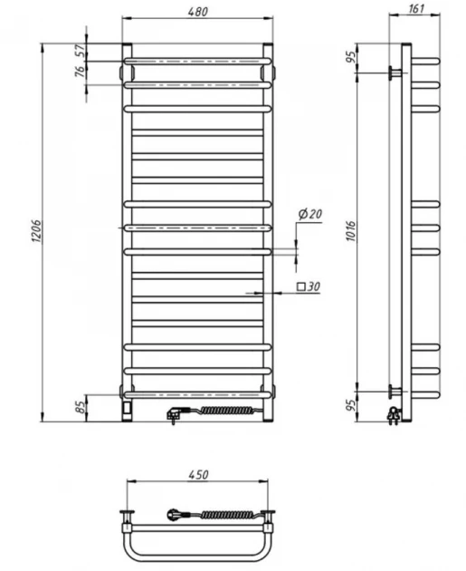 Размеры Полотенцесушитель электрический с 15 перекладинами 480 x 1200 мм Navin Грандис Д30 черный правый 12-208053-4812