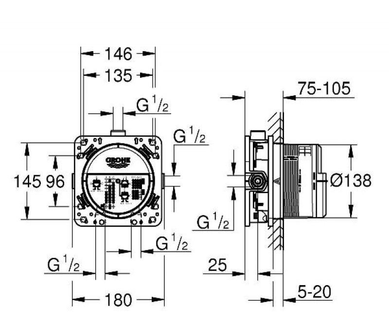 Размеры Внутренняя часть смесителя с термостатом GROHE RAPIDO SMARTCONTROL 35600000