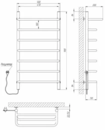 Размеры Сушилка для полотенец электрическая 500 х 900 мм Kosser Скоба Электро с полкой хром Д30 левый ДСп06ЕL