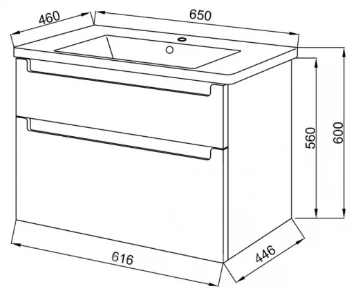 Размеры Тумба с раковиной с ящиками 65 см шириной Юввис Эльба с умывальником Bolero ЕЛ1ТПБ2Д65Б