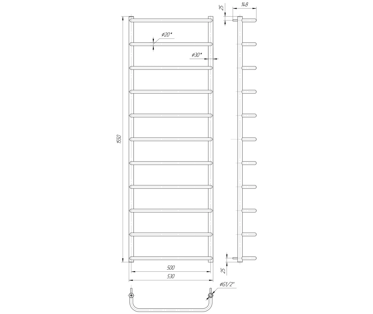 Размеры Полотенцесушитель водяной для дома 530х1550 Mario Стандарт Хром 30x20 ВР 1/2 д 4820111352081