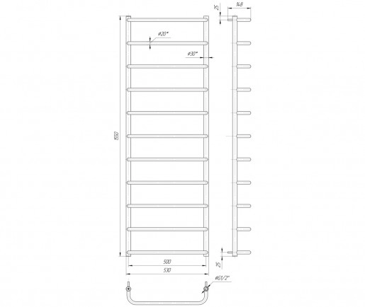 Размеры Полотенцесушитель водяной для дома 530х1550 Mario Стандарт Хром 30x20 ВР 1/2 д 4820111352081