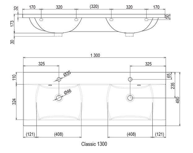 Размеры Двойной умывальник Ravak Classic 1300 белый с отверстием XJD01113000