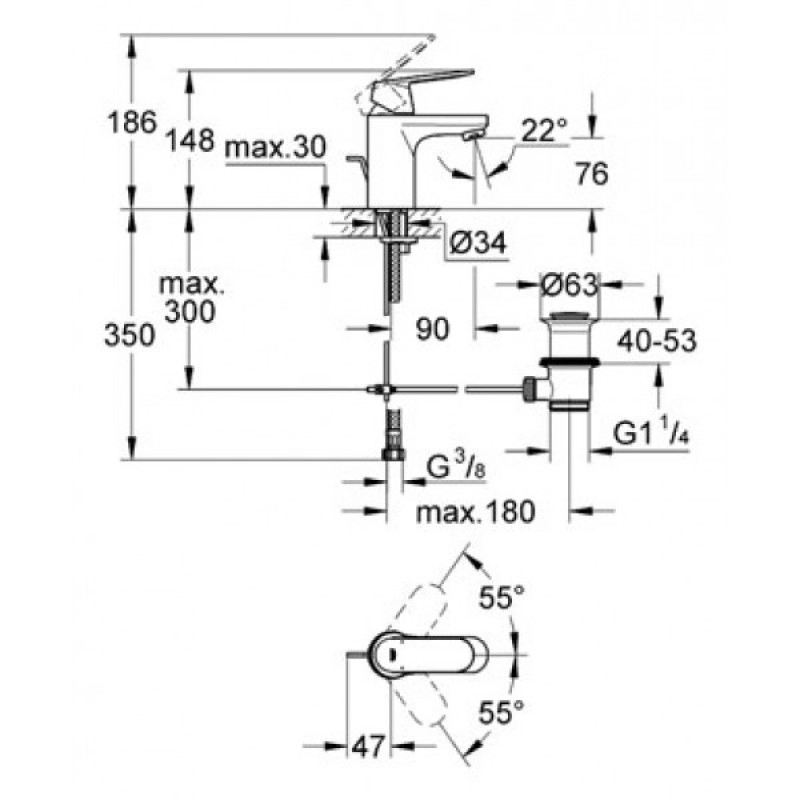 Размеры смеситель для раковины grohe eurosmart cosmo хром 3282500e №1