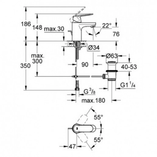 Размеры Смеситель для раковины GROHE Eurosmart Cosmo хром 3282500E