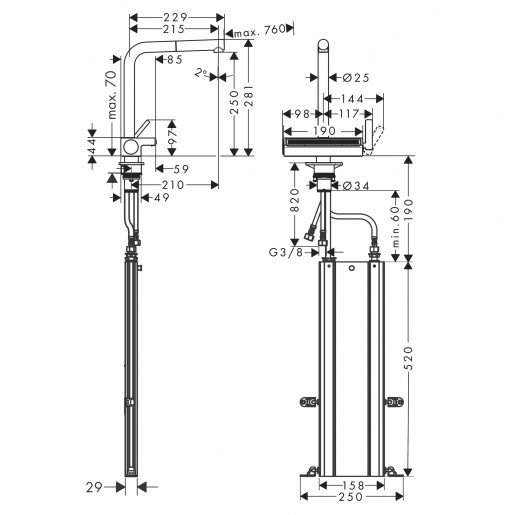 Размеры Смеситель для мойки без донного клапана HANSGROHE AGUNO 73830000