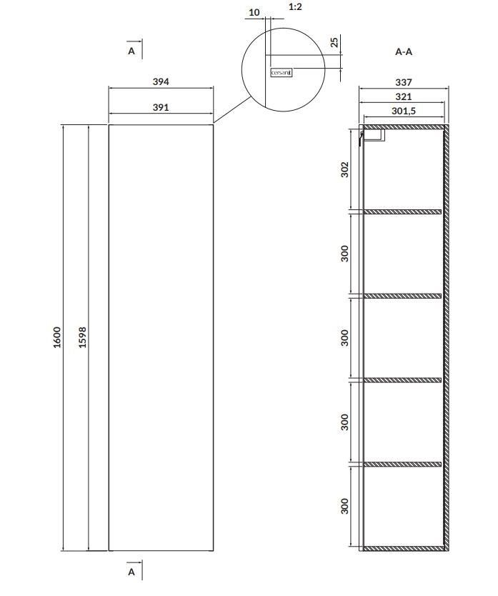 Размеры Пенал в ванную 40 см шириной Cersanit LARGA S932-019 R