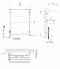 Размеры Глянцевый полотенцесушитель электро 500 х 600 мм Kosser Каскад с полкой Электро хром Д30 левый ДКп01EL
