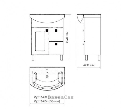 Размеры бытовая тумба с раковиной в ванную 60 см ванланд ирис ирт 3-60 с умывальником libra №3