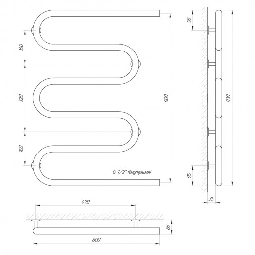Размеры Полотенцесушитель водяной 600х800 LARIS РС5 Змеевик Хром 30 ВР 1/2 д 71207238