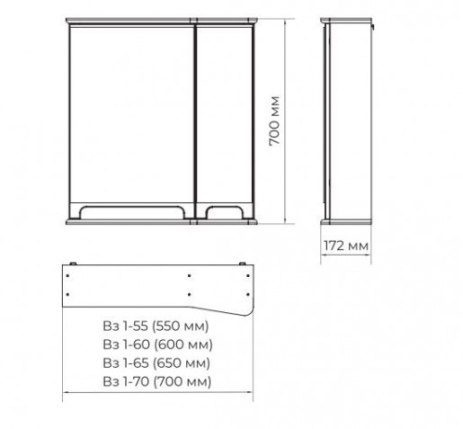 Размеры Эмалированный зеркальный шкаф для ванной 70 см ВанЛанд ВЕНЕЦИЯ Вз 1-70L