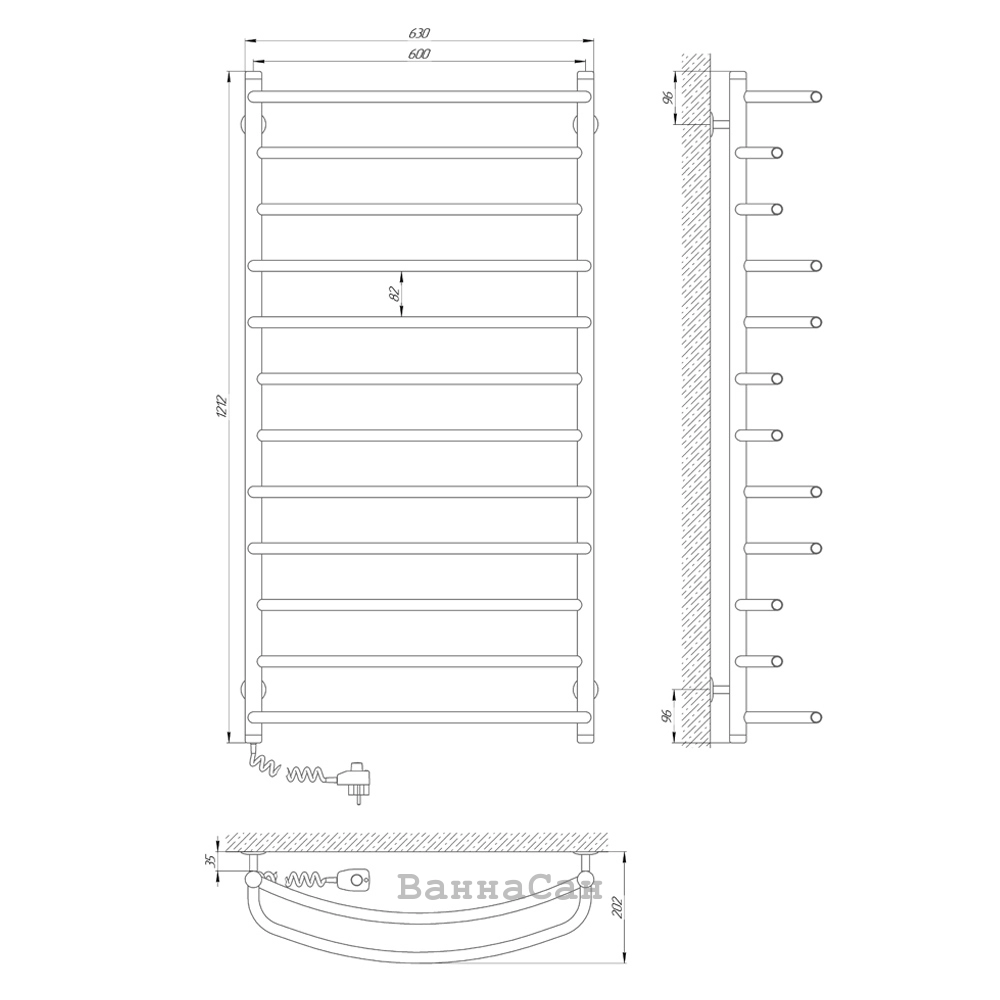 Размеры Полотенцесушитель электрический с 12 перекладинами 600х1200 LARIS Евромикс Хром Левый 30x20 73207209