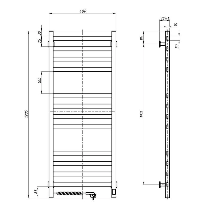 Размеры Электрический полотенцесушитель лесенка 480 x 1200 мм Navin Авангард Д30 черный правый 12-228053-4812