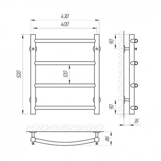 Размеры Полотенцесушитель водяной с перекладинами дуга 400х500 LARIS П4 Классик Хром 30x20 ВР 1/2 д 71207578