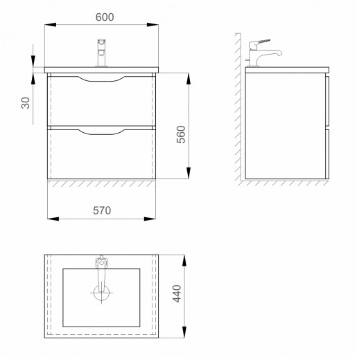 Размеры тумба с раковиной в ванную 60 см санверк liga air mv0000644 с умывальником канте №1