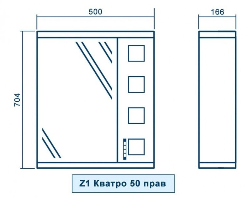 Размеры Светлое зеркало в ванную 50 см КВЕЛ КВАТРО Z1 Кватро Правое 50 Квел