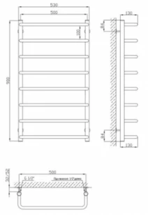 Размеры Полотенцесушитель современный 530 x 900 мм Kosser Скоба 30х20 хром ВР 1/2 д ДС12