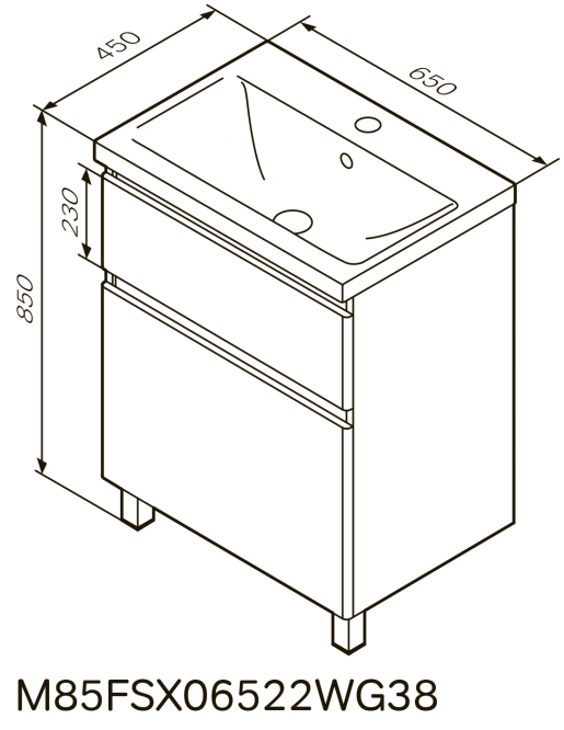 Размеры Умывальник тумба с двумя ящиками 65 см AM.PM X-Joy с умывальником X-Joy M85-FSX0652-WC0652WG38