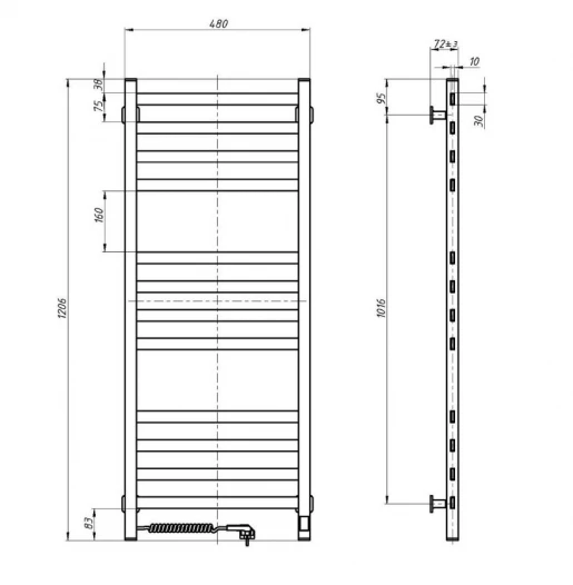 Размеры Полотенцесушитель электрический лесенка 480 x 1200 мм Navin Авангард Д30 черный левый 12-228153-4812