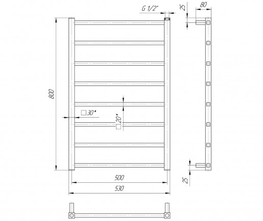 Размеры Полотенцесушитель водяной из квадратной трубы 530х800 Mario Токио Хром 30x20 ВР 1/2 д 4820111352265