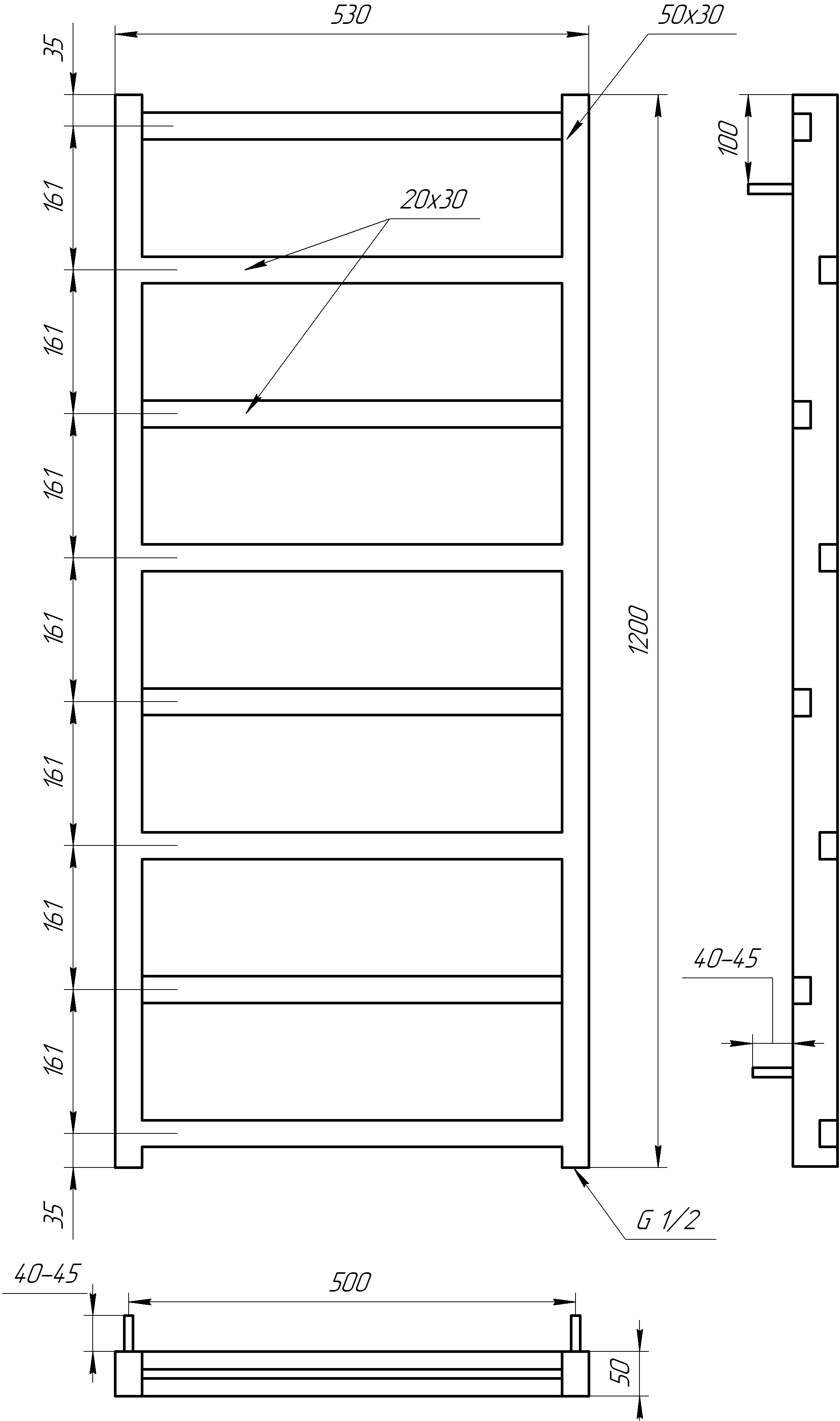 Розміри Полотенцесушитель вертикальний 530x1200, Genesis-Aqua Level Чорний, 30x20 ВР 1/2 д 1703