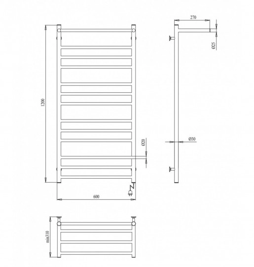 Розміри Сушка для рушників електро з полицею 600 x 1200 мм Paladii Талія Електро Хром 30х20 правий ТАе003ПR