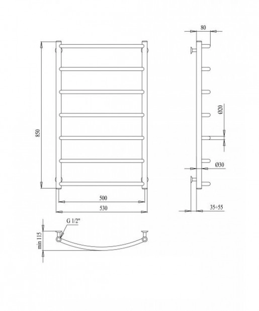Размеры Полотенцесушитель водяной 530 х 850 мм Paladii Стандарт Хром 30х20 НР 1/2 дюйма РБ194