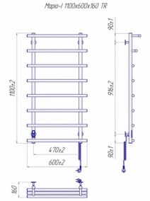 Розміри Електро полотенцесушитель 600х1100 Mario Маріо Хром Правий 30x20 4820111355570