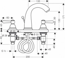 Размеры Смеситель для умывальника двухвентильный HANSGROHE AXOR 17134090