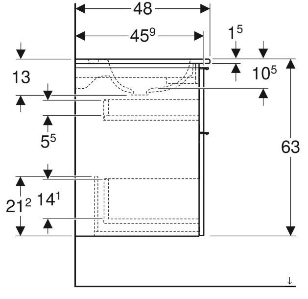 Розміри Тумба з умивальником 75 см шириною Geberit iCon з раковиною Slim Rim 502.336.01.3