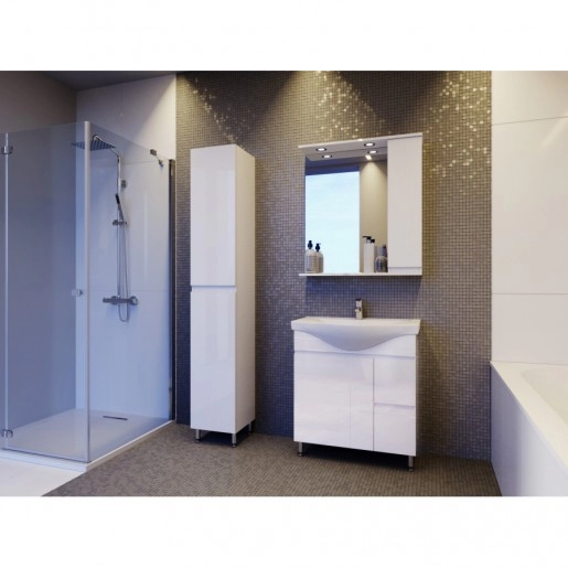 В интерьере белый комплект мебели тумба с зеркалом и пеналом в ванную 65 см ювента моника б-м3-65-мшнз2-65r-мшп2 №1