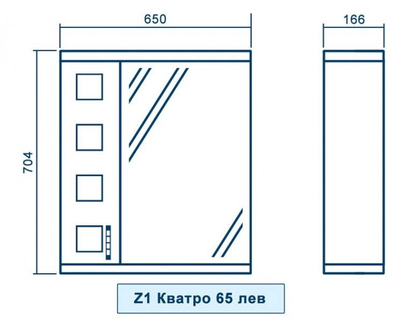 Розміри Світле дзеркало в ванну 65 см Квел КВАТРО Z1 Кватро Ліве 65 Квел