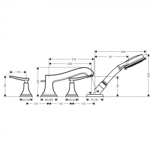 Размеры Смеситель с клапаном для ванной HANSGROHE Metropol 31441090