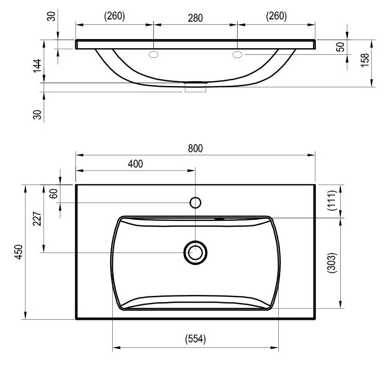 Размеры Умывальник Ravak Classic II 800 белый с отверстием XJX01180000