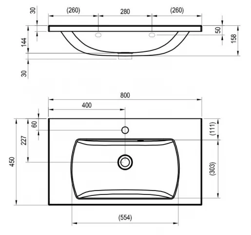Размеры Умывальник Ravak Classic II 800 белый с отверстием XJX01180000